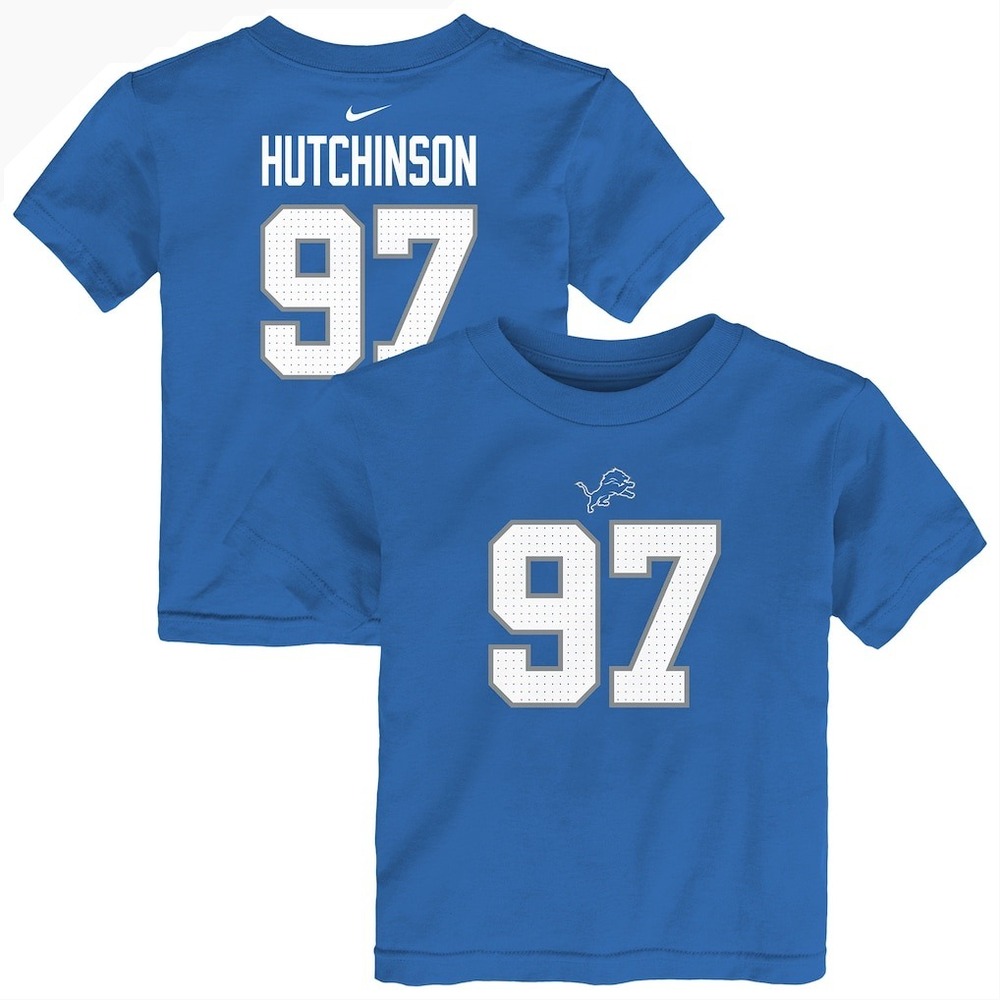 Nike Detroit Lions Aidan Hutchinson 97 Kids Blue Player T-Shirt Size 4 S